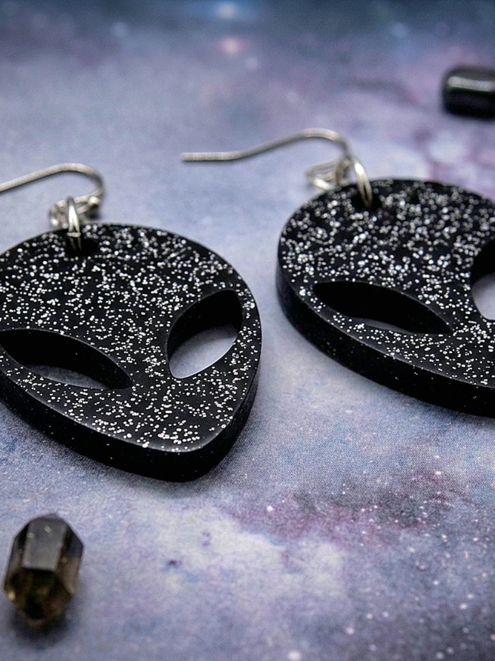 Dark Midnight Black Sparkle Alien Outer Space Galaxy Bold Fashion Earring - Picture 3 of 4